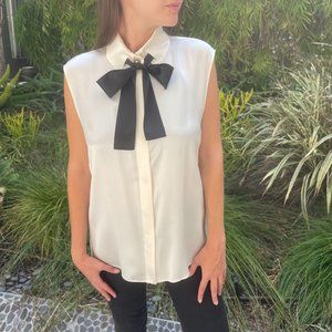 CHANEL Ivory Silk Sleeveless Button-Up Blouse Black Silk Neck Tie